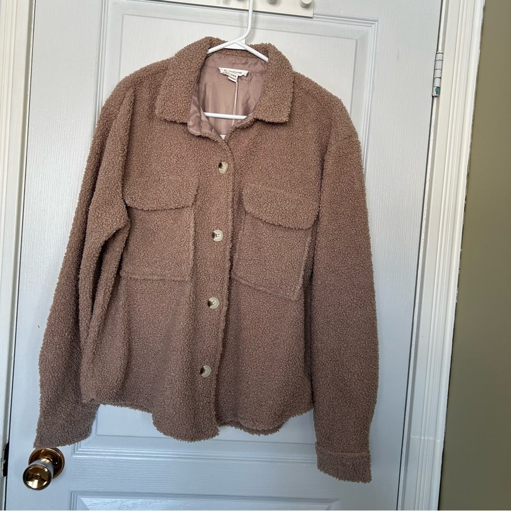 beachlunchlounge Women's Brown Teddy Jacket Shacket Button-Down Front Pocket L